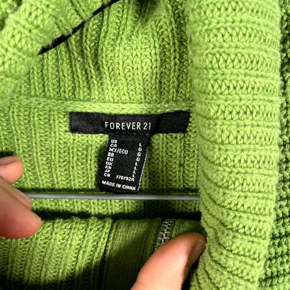 Forever 21 Sweater Womens L Green Quarter Zip Chunky Knit Cropped Balloon Sleeve - Picture 2 of 6